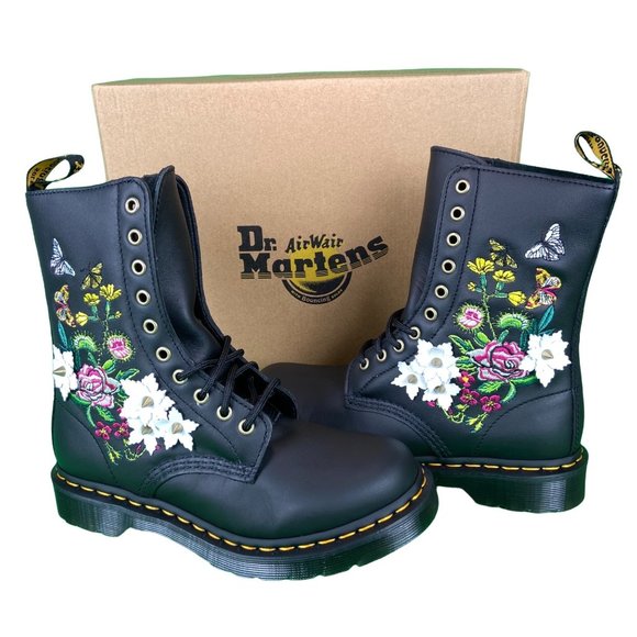 Dr. Martens Shoes - Dr. Martens 1490 Floral Bloom Leather Mid-Calf Boots Women's 7 Black Nappa NEW